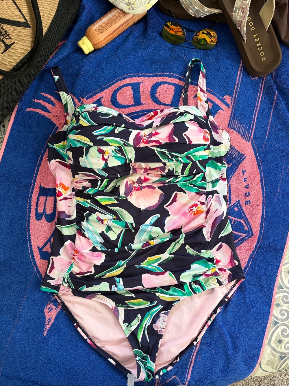 Liz Claiborne Navy Floral One-Piece Swimsuit with Pink and Green Flowers